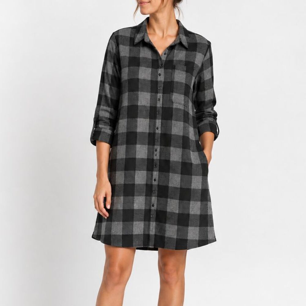 Soft Surroundings Buffalo Plaid Shirt Dress Black Gray Roll Tab Long Sleeve